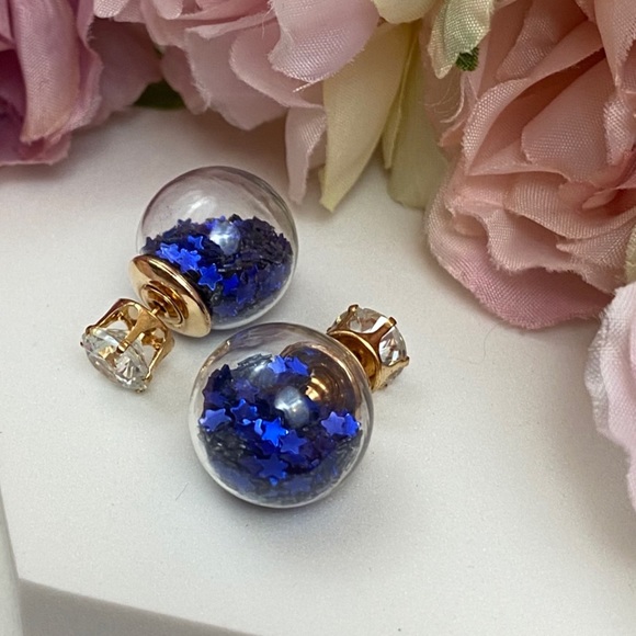 Double Stud Blue Star Confetti Crystal Earrings - Picture 4 of 16